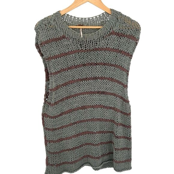 Free People wave after wave sleeveless sweater aqua and taupe stripe size Medium - Picture 2 of 6